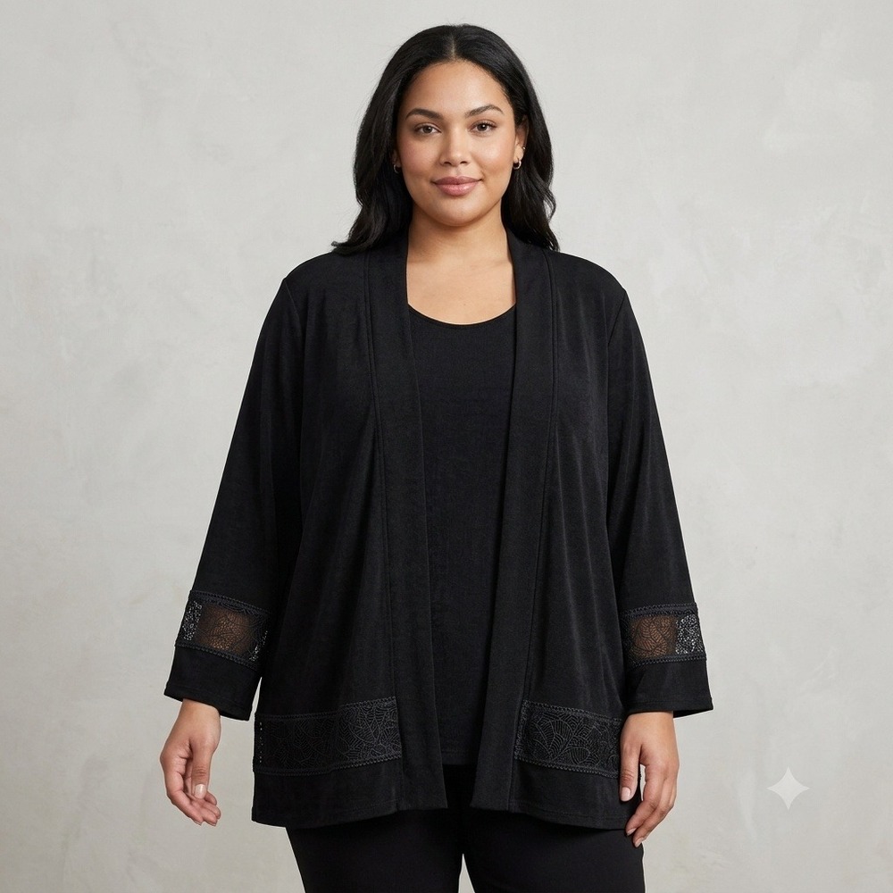 Chicos Black Ribbed Knit Cardigan Tank Set Lace Trim‎ Estimated L/XL